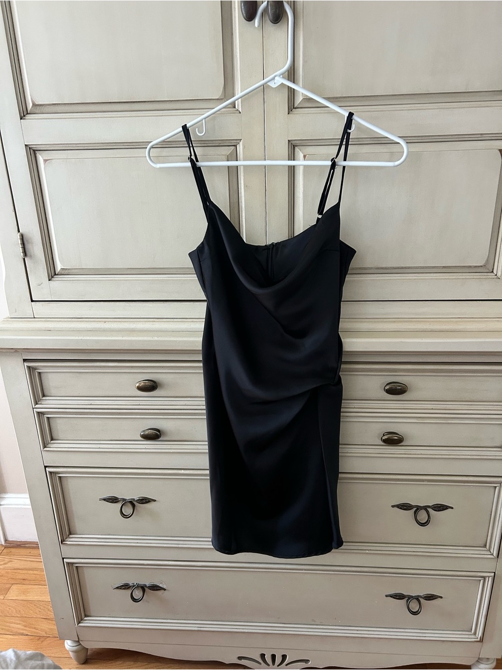 Black Satin Slip Dress with Draped Neckline